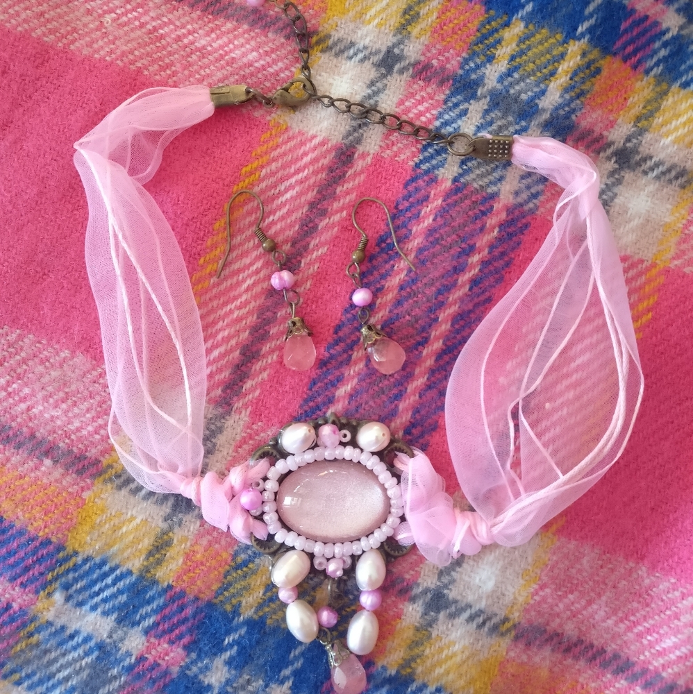 Vintage Pink Ribbon Choker Necklace and Earrings Costume Jewelry Set